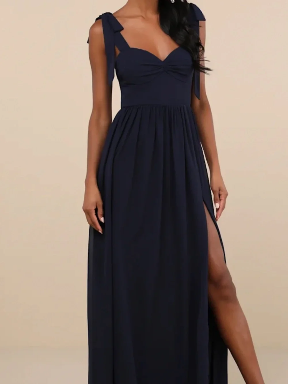 Radiant Charisma Navy Chiffon Ruched Tie-Strap Maxi Dress - Picture 2 of 3